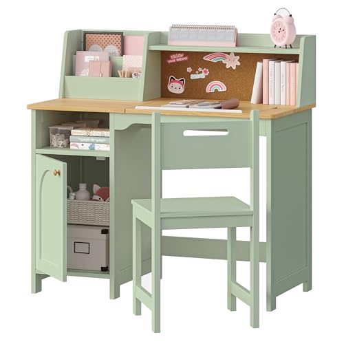 Image of Treocho Kids Study Desk and Chair Set, Kids Desk with Hutch and Tiltable Desktop for 3-8 Years Old, Wooden Children Study Table with Storage Cabinet, Student Writing Desks Bedroom, Home School, Green