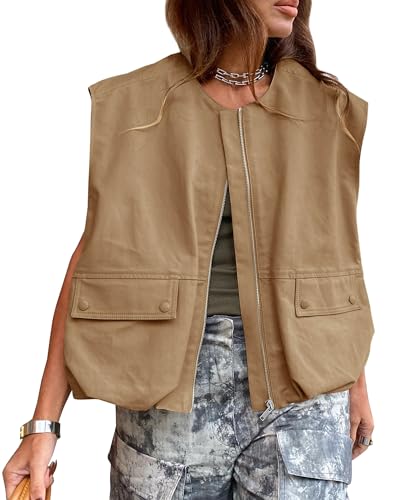 Acrawnni Cargoweste für Damen, übergroße Größe, lässig, ärmellos, lockere Passform, durchgehender Reißverschluss, gerüschter Saum, Blazerjacke, Weste mit Taschen, A-camel, M