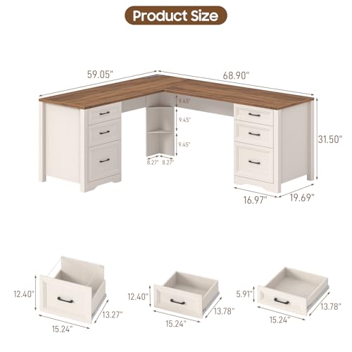 Image of Vabches Wood L Shaped Executive Desk with 6 Drawers, Farmhouse Home Office Desk with Power Outlets and Triangle Under-Desk Storage Shelf & Drawer File Cabinet, Corner Computer Desk, Brown