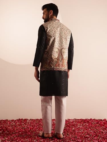 Image of SOJANYA Men's Silk Blend Black Kurta & White Pyjama With Velvet Paisley Design Nehru Jacket