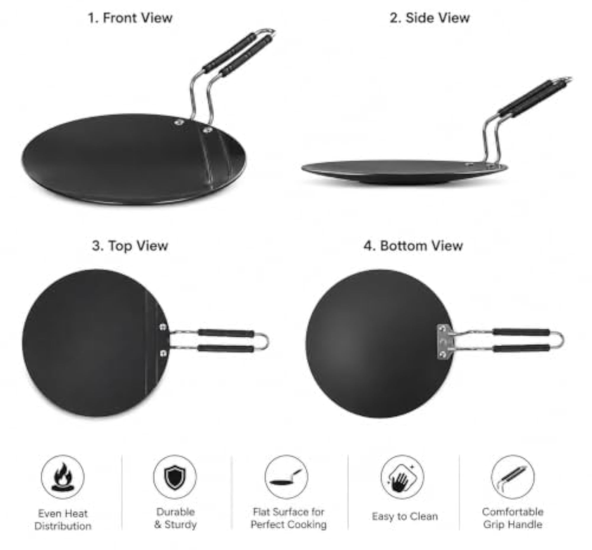 Heavy Curve Base Iron Tawa for Roti & Paratha, Stainless Steel Handle