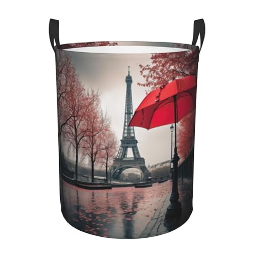 Torre Eiffel con paraguas rojo, cesta redonda de una sola capa, cesta de ropa sucia de tela Oxford duradera para almacenamiento en el hogar