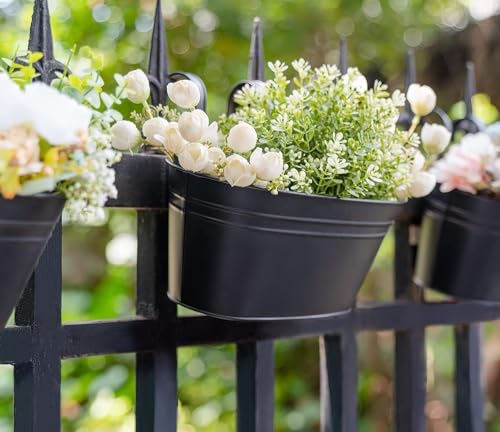 Image of 12 INCH Anti Rust Railing Oval Planter for Balcony & Garden with Detachable Handle | Hanging Flowerpot Holder | Metal Wall Planter for Indoor and Outdoor Decor (Black, 2)