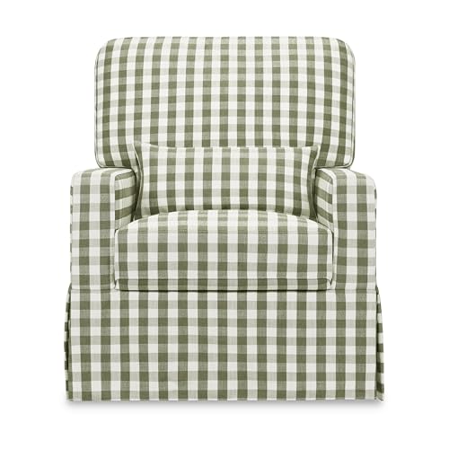 Image of Namesake Crawford Glider Recliner, Green Gingham | 360 Swivel Ultra Cozy Glider Rocker for Feeding & Relaxing w / Lumbar Pillow - GREENGUARD Certified - For Nursery /Living Room