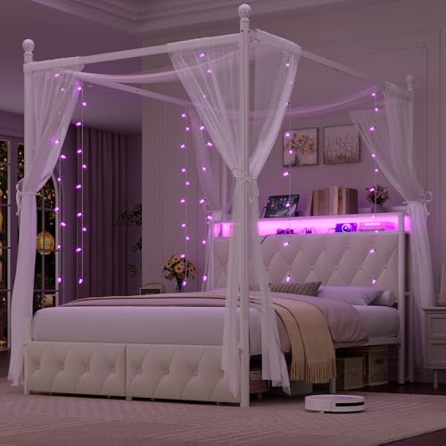 HIFIT Queen Size Upholstered LED Canopy Bed Frame with Storage...