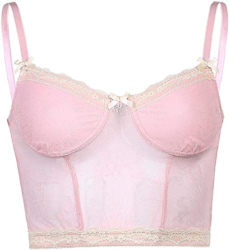 Women's Summer Y2K Lace Crop Top Sexy Backless Camisole E-Girl Tank Vest Top Streetwear Party Bralette Corset (Color : Pink, Size : Small)