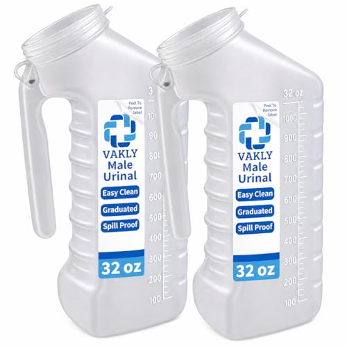 Vakly Male Urinal Bottle with Cover & Handle (Pack of 2) – Portable Handheld Pee Bottle for Men, Spill Resistant Urine Container for Bedside, Hospital, Incontinence, Emergency & Travel, Easy to Clean