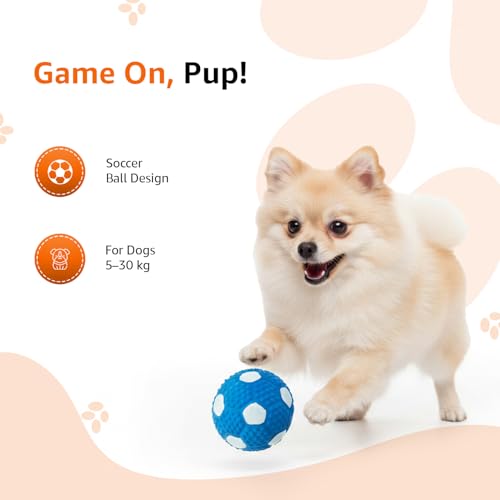Image of Amazon Basics Durable Soccer Ball Squeaky Dog Toy | Non-Toxic Natural Latex Rubber | Dental Texture | Water Play Friendly | for Small to Large Dogs | 5-30 kg