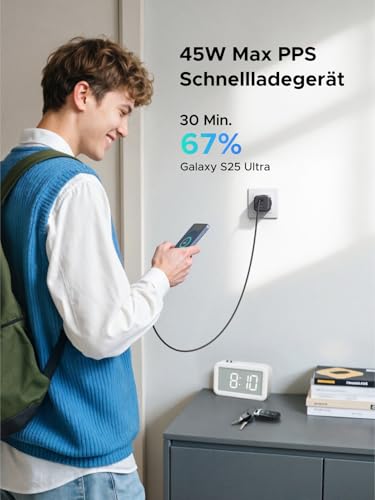UGREEN 45W USB C Ladegerät 3-Port PPS Schnellladegerät 25W PD Netzteil GaN Charger Adapter kompatibel mit Galaxy S25 Ultra, S24, iPhone 17 Pro Max, MacBook Air, iPad, Tab A8, Pixel 9, HomePod