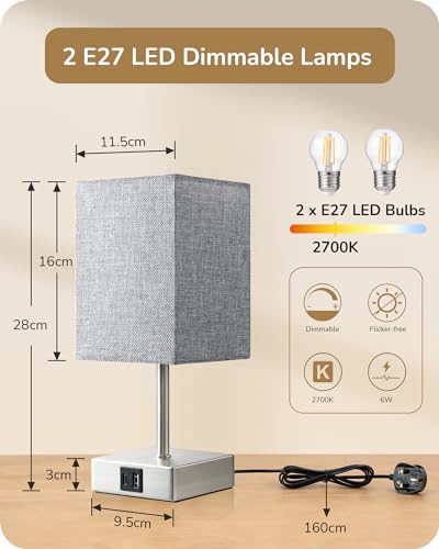 EDISHINE Bedside Lamps Set of 2, 3 Way Dimmable Table Lamp with USB A+C Charging Ports, Touch Lamps for Bedroom, Living Room, Grey (LED Bulbs Included) - Image 5