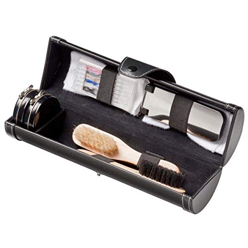 noTrash2003 Hochwertiges Schuhputzset in Kunstleder schwarz Schuhanzieher 2 x Schuhcreme 2 Schuhbürsten Nähset Fusseltuch