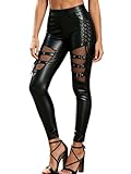 Nihsatin Fishnet Trim Lace Up PU Leather Pants Thin Lightweight Gothic Punk Leggings for Women Black
