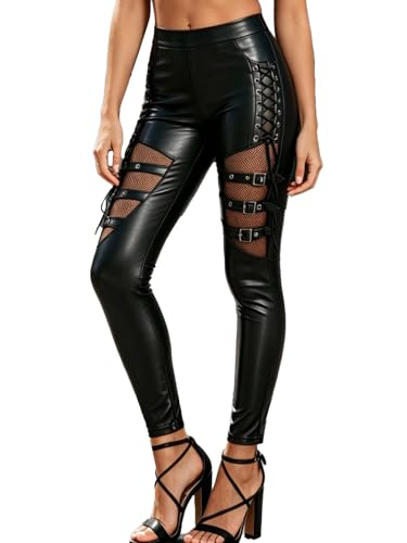 Nihsatin Fishnet Trim Lace Up PU Leather Pants Thin Lightweight