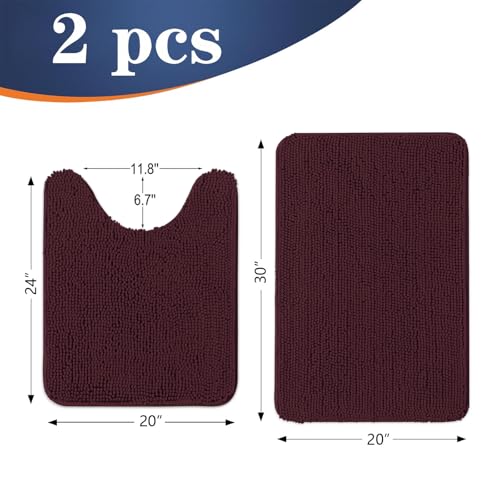 Image of OLANLY Bathroom Rugs Sets 2 Piece, Soft Absorbent Chenille Bath Mats and U-Shaped Contour Toilet Mat Area Rug Set, Machine Washable Bath Carpet, Home Decor Accessories(30 inchx20 inch+24 inchx20 inch, Black Cherry)