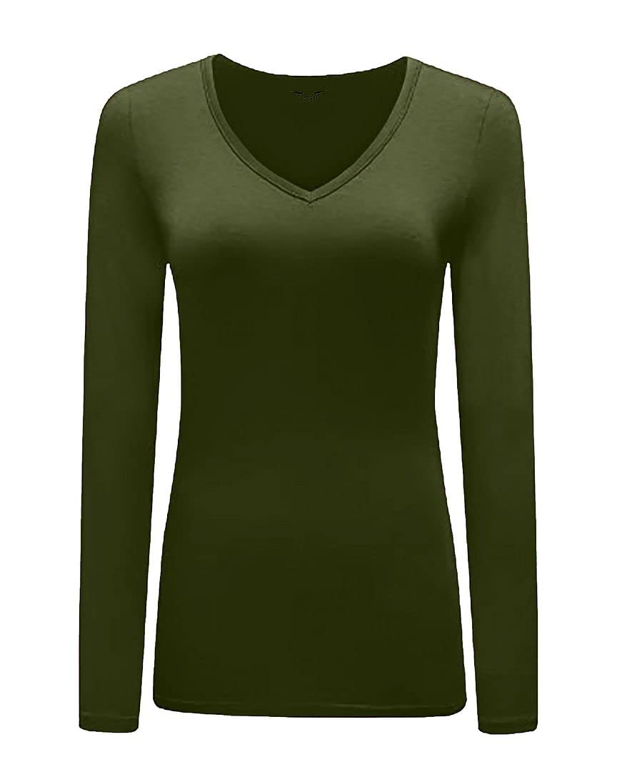 KATSSI Women’s Ladies Long Sleeve Stretch Plain V Neck T Shirt Top Khaki