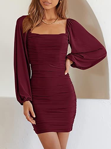 Anrabess Women's Square Neck Mesh Long Sleeve Ruched Bodycon Mini Dress Party Club Cocktail Short Dresses S 642Jiuhong-L Wine Red #TOP2