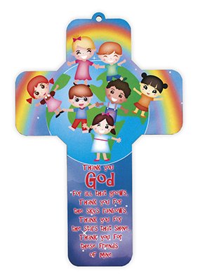 7" Rainbow Friends Thank you God Wooden Cross ~ Laser Cut ~ Children's Gift