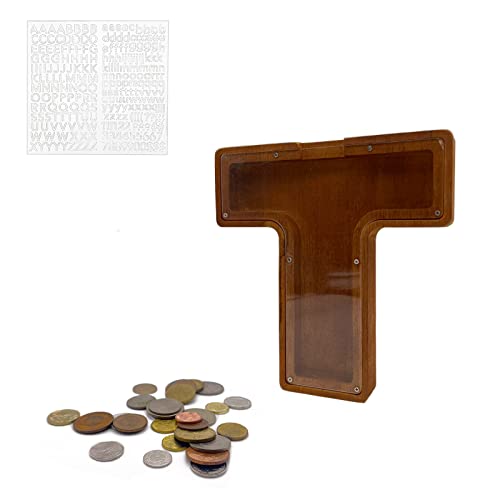 MEDOYOH Buchstabe T Spardose Buchstabe Holz Groß, 23CM/9IN A-Z Buchstaben Spardose Hölzerne Sparbüchsen Alphabet Münze Bank Münze Sparschwein Geld Bank für Erwachsene Kinder Cover