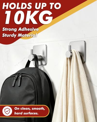 Auxmir 5 Pack Self Adhesive Hooks, Max 10kg Heavy Duty, 304 Stainless Steel - Image 4