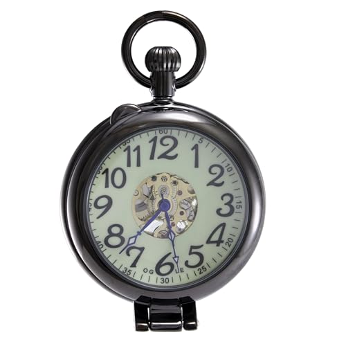 OGLE Waterproof Silver Magnifier Luminous Chain Fob Self Winding Automatic Skeleton Half Hunters Mechanical Pocket Watch (Black Case Luminous Dial)
