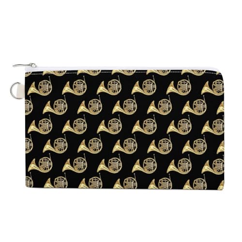 French Horns Golden Musical Instrument Black Zipper Style Coin Purse, Large Capacity, Portable And Fashionable Wallet