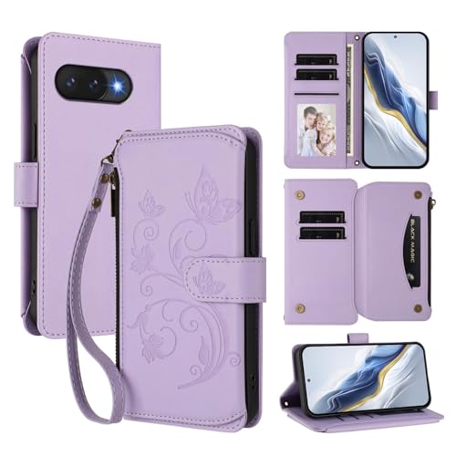 Étui portefeuille Pixel 9 en cuir violet au design raffiné de papillon