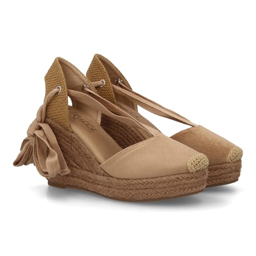 shoes&blues.es 100186 Alpargata Sandalia de Mujer con Cuna de Esparto para Mujer, Cierre de Cintas al Tobillo o atadas por la Pierna, Ajustable, Talon Abierto, Ideal Primavera Verano. Kaki Talla 39