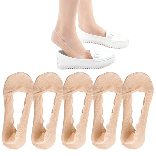 Hueborne Calcetines Invisibles De Encaje For Mujer (5 Pares) - Calcetines Invisibles De Corte Ultrabajo, Antideslizantes, Mezcla De Algodón Transpirable(Skin)