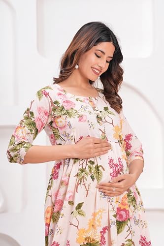 Image of The Moon Star Women's Cotton Floral Printed Anarkali Maternity Feeding Kurti | Breastfeeding Dress for Mothers | Zipper Feeding Kurti,Nursing Kurti, Comfortable and Trendy Maternity Wear