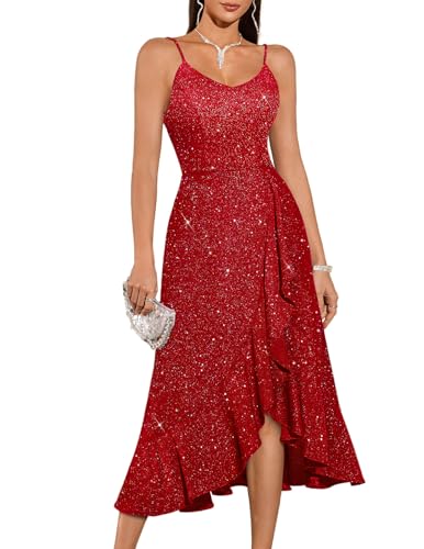 Image of DRESSTELLS Cocktail Dress for Women, 2026 Sparkly Sequin Formal Wedding Guest Bridesmaid Evening Party Aline Midi Dresses Glitter Burgundy S