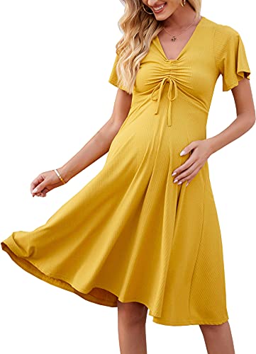 DolphinBanana Women V-Neck Tie Bust Flutter Sleeve Fit & Flare Knee Length Maternity Dresses for Cocktail Party Baby Shower Photography Photoshoot Yellow Summer Wedding Guest Dress, HT21513,S