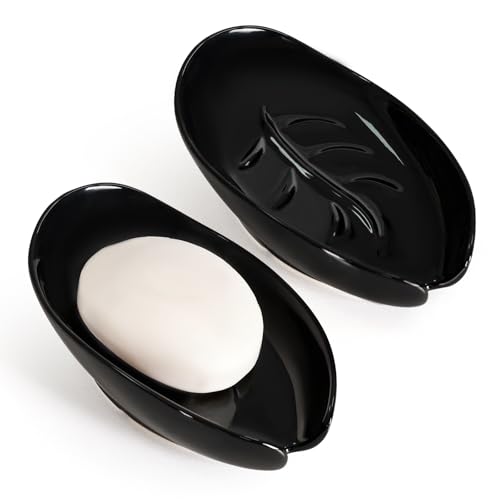 Soap Dish, Self Draining Soap Holder, Leaf Shape Ceramic Bar Soap Holder Drain Soap Dishes for Bathroom Sink Kitchen, Easy to Clean, Keeps Soap Dry, Black, ANTIS'S HOME Black-1pcs-enhanced D