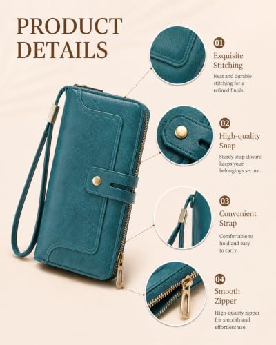Image of Womens Wallet Rfid Blocking Bifold Leather Wristlet Cute Long Clutch Blue | Large Capacity Card Holder Wallet Purse with Zipper,ID Window,Strap for Female Ladies Teen Girls