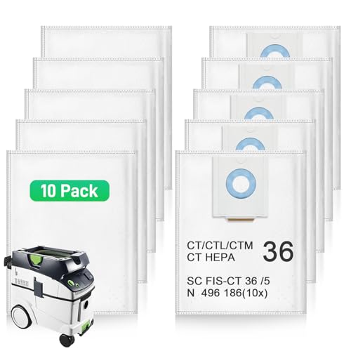 Lot de 10 sacs filtrants 496186 pour extracteur de poussière Festool CT 36/CTM 36 E/CTL 36 E CLEANTEC Series, sacs à poussière pour Festool SC FIS-CT 36/5, jetables et grande capacité