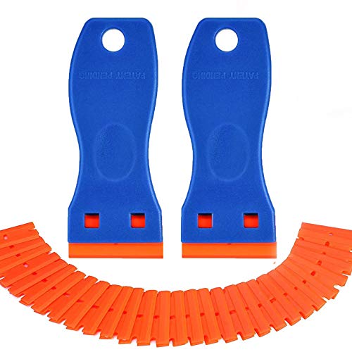 Plastic Razor Blade Scraper, 2 Pack Razor Scraper with 40 Pcs Razor Blades for Removing Glue, Sticker, Decals, Tint from Car Window and Glass (blue)