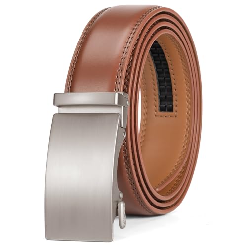 SENDEFN Men's Leather Belt Automatic Ratchet Buckle Slide Belt for Dress Casual Trim to Fit with Gift Box