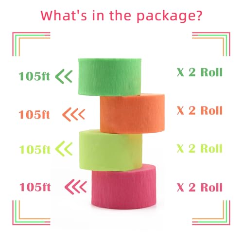 Image of 840feet Blacklight Party Streamer Decorations 8 Rolls Glow Crepe Paper UV Reactive Fluorescent Neon Paper Streamers Glow Party Supplies and Decorations for Wedding, Birthday, Neon Party, Fiesta Party