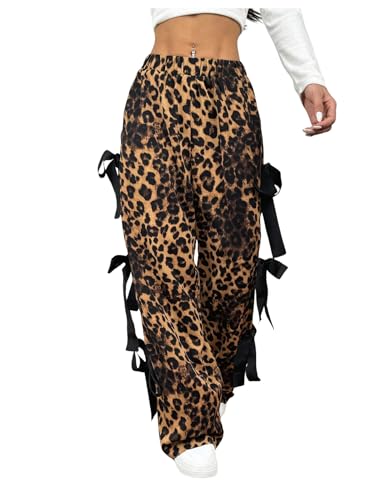 SweatyRocks Women's Leopard Print Bowknot Pant Straight Leg Elastic Waist Baggy Pants with Pockets