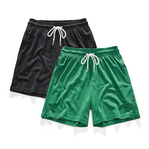 AIMPACT Men's 2-Pack 7" Inseam Mesh Basketball Shorts, Black/Green M
