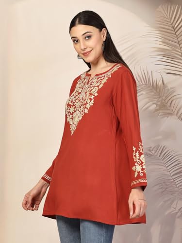 Image of QAZMI Women's Jasmine Kashimiri Aari Embroidered Viscose Rayon A-Line Flared Short Kurti