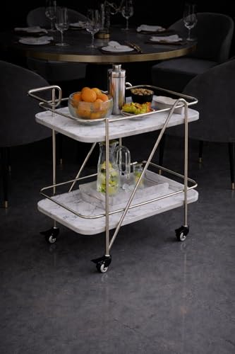Image of Brown Art SHOPPEE 2 Tier Solid Metal Bar Trolley Serving Trolley Coffee Table Bar Trolley Serving with Wheel Home and Restaurant Mobile Cart for Food Serving Table for Living Room (Silver & White)