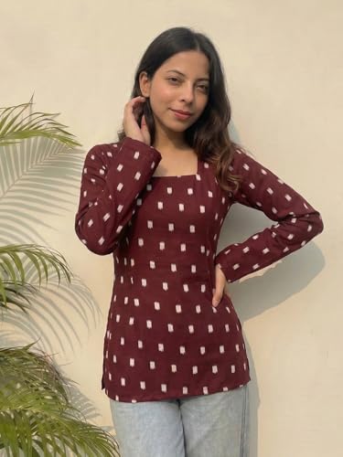 Image of ANNI Designer Women's Viscose Blend Printed Short Kurti | Straight Fit Casual Ethnic Top | Square Neck 3 /4 Sleeve Kurta Office College