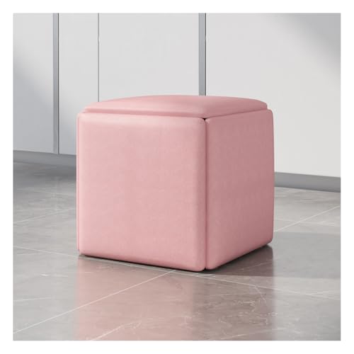 Banc carré en cuir rose avec roulettes 5 en 1 - Chaise cube gigogne et repose-pieds - Chaise de coiffeuse mobile et empilable pour salon et salle à manger -...