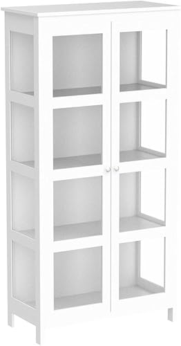 Miniatura 5 de Hitow Estantería alta con puertas acrílicas, estante de 3 niveles, estantería de madera con pie de metal, armario de almacenamiento para oficina en