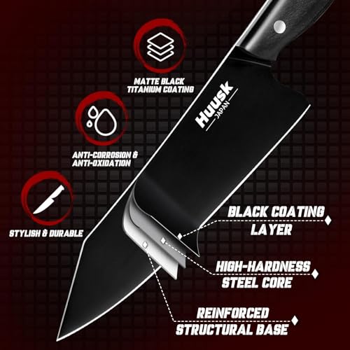 Image of Huusk Japanese Chef Knife Set for Kitchen - 3 pcs Black Kitchen Knife Set with Titanium Coating, Stainless Cutting Knives Sets, Professional Cooking Knives for Vegetable Fruit Meat, Christmas Gift Men