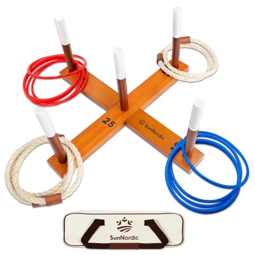 SunNordic Ringwurfspiel-Set aus Holz Strandspiel für Kinder Erwachsene und die ganze Familie inklusive Wurfringen und Tragetasche. Ideal für Rasen und Garten