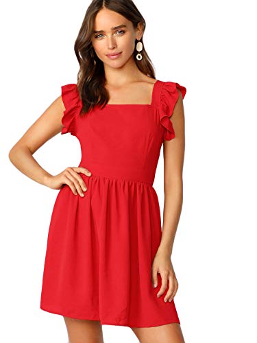 OYOANGLE Women's Tie Back Square Neck Ruffle Strap Sleeveless A Line Flare Flowy Lightweight Summer Short Dress2