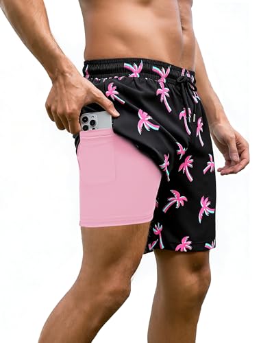 Arolina Arolina Mens Swim Trunks with Compression Liner 7 Inch Quick Dry Board Shorts Bathing Suits Swimwear Medium Black/Pink Palm