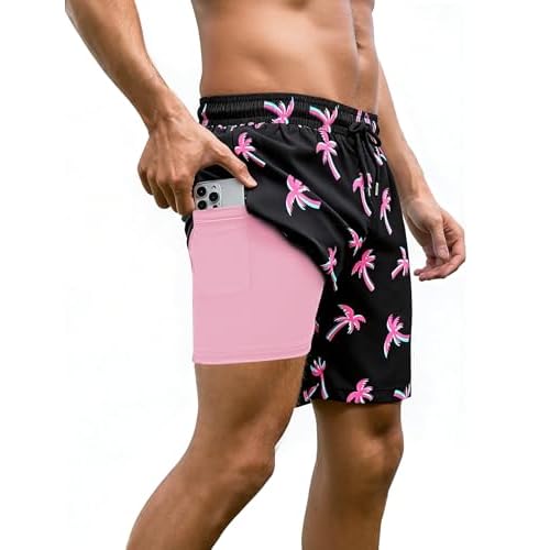 Arolina Mens Swim Trunks with Compression Liner 7 Inch Quick Dry Board Shorts Bathing Suits Swimwear XX-Large Black/Pink Palm