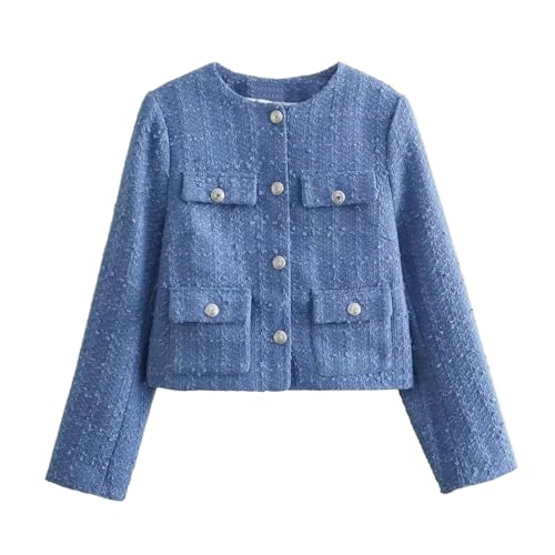 Manteau en tweed femme printemps automne veste col rond
